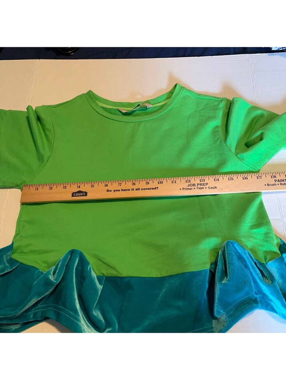 森宿 Green Long Sleeve Top with Teal Velvet Ruffle Hem, Size M - Picture 4 of 9